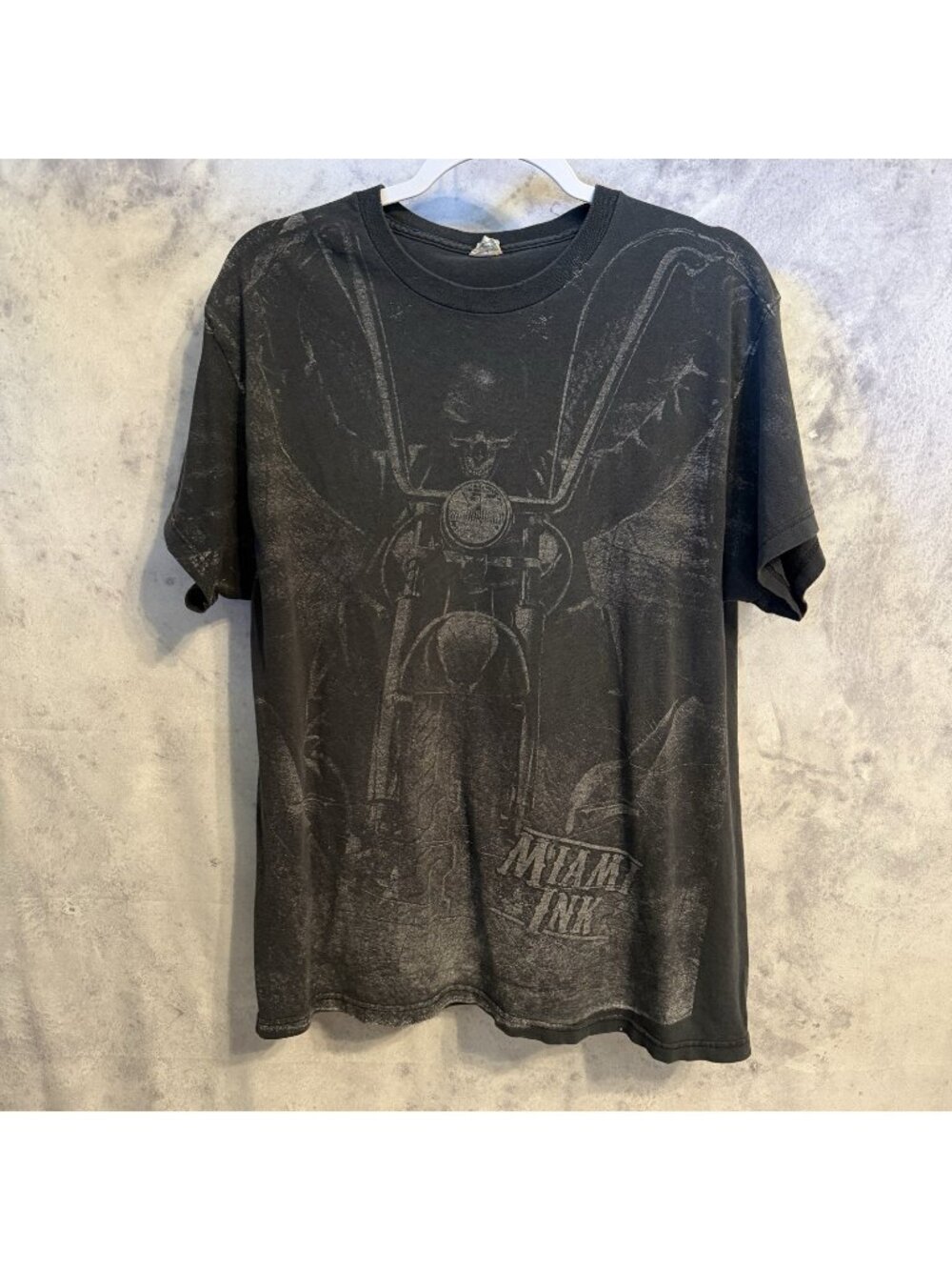 Miami Ink All Over Print Grunge Biker T Shirt Mens Large L Black